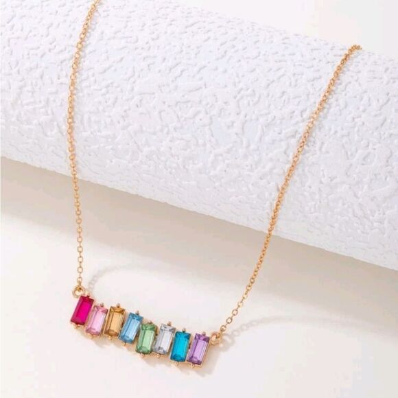 Multi color Rhinestone Necklace Gold Tone Chain - Picture 2 of 5